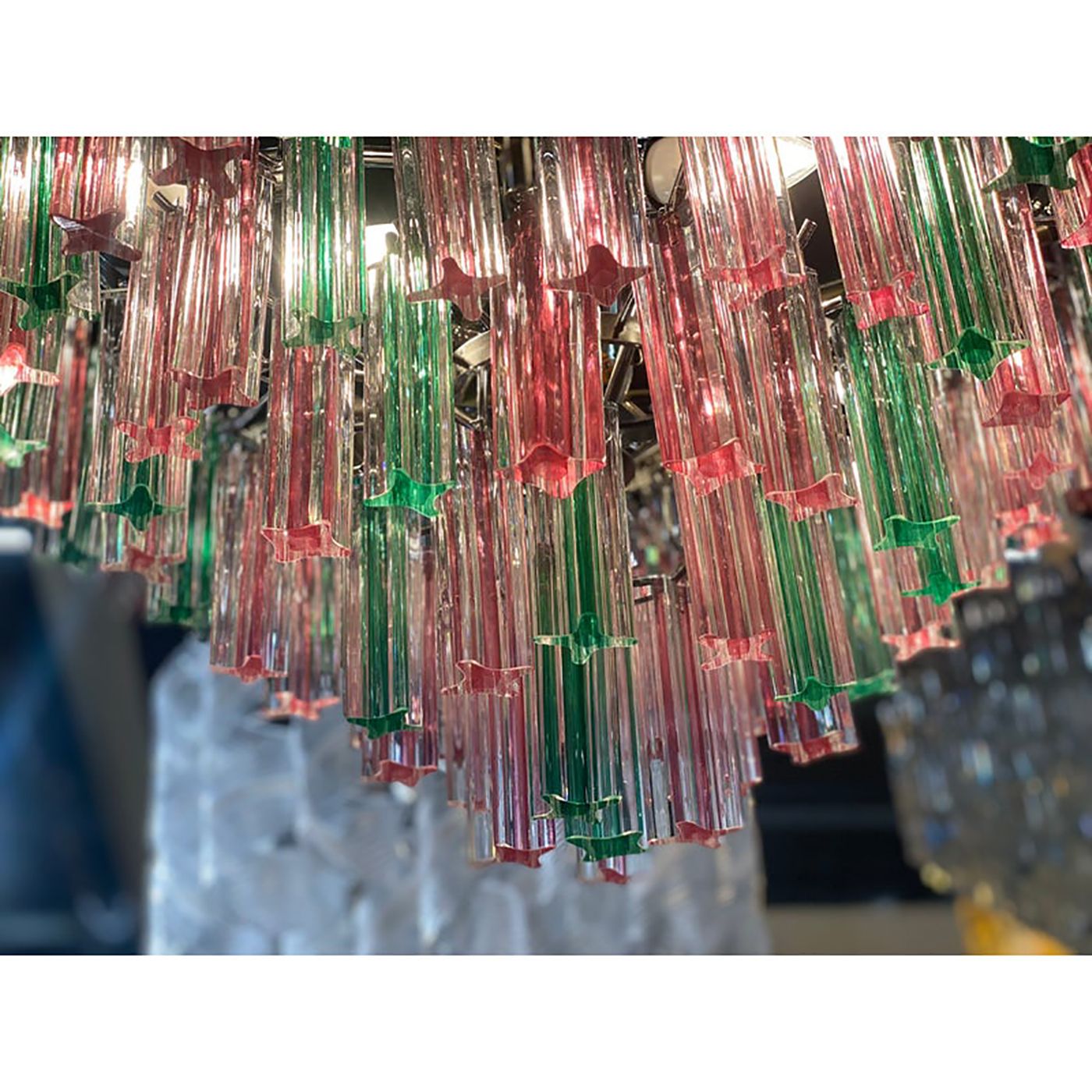 Lighting 1970s Italian Vintage Green And Pink "Quadriedro" Murano Glass Chandelier photo