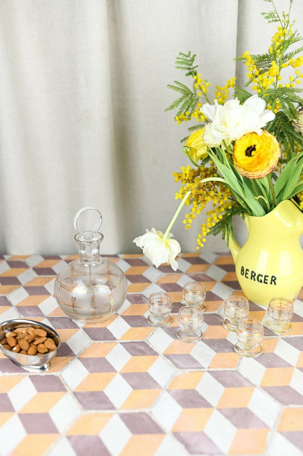 Glass Liquor Carafe/Decanter With 6 Shot Glasses, Made In France, Circa 1950 photo furniture