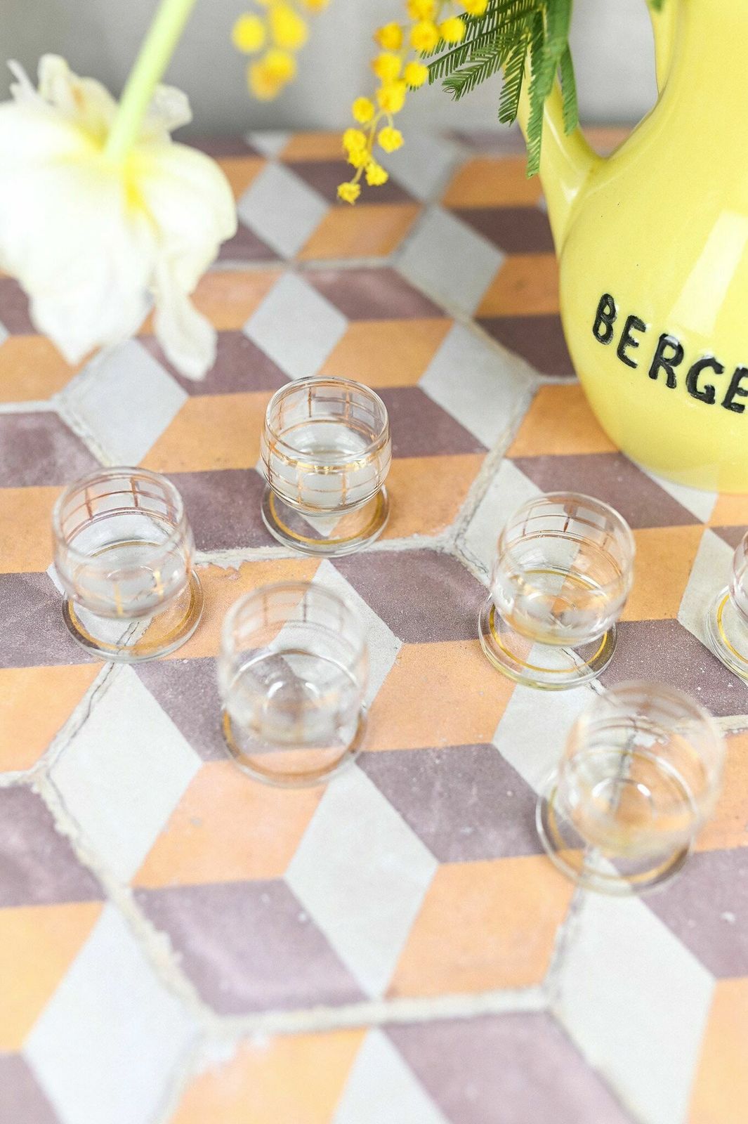 Glass Liquor Carafe/Decanter With 6 Shot Glasses, Made In France, Circa 1950 photo buy