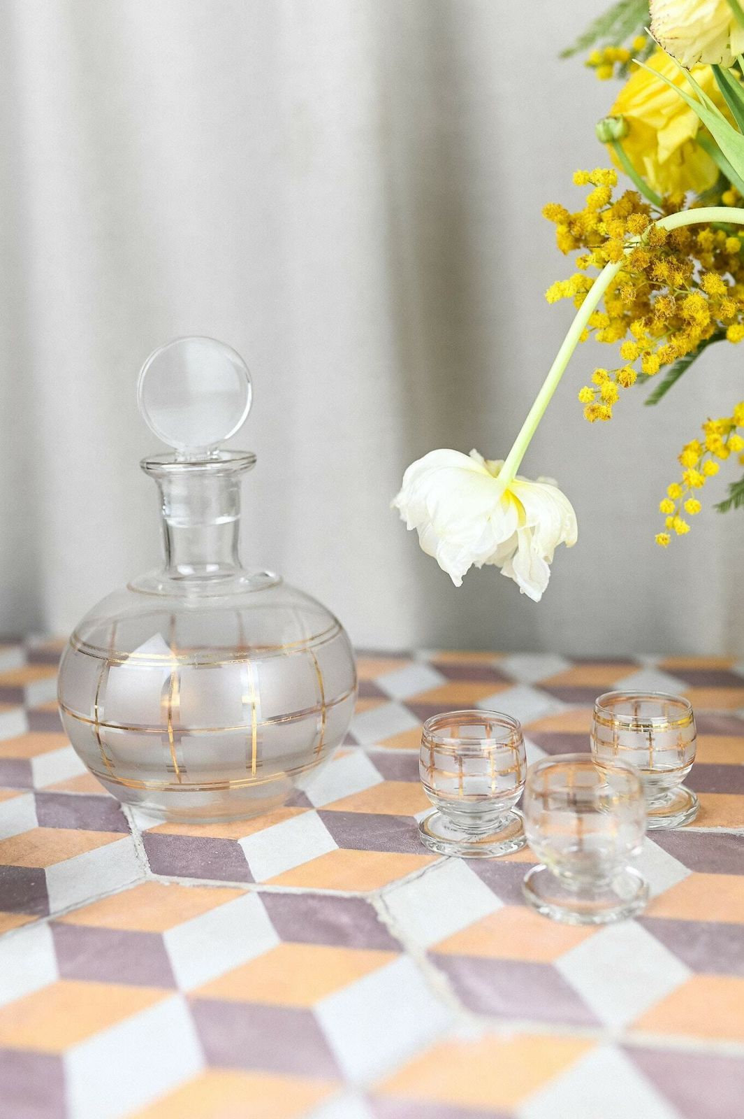 photo for sale Glass Liquor Carafe/Decanter With 6 Shot Glasses, Made In France, Circa 1950