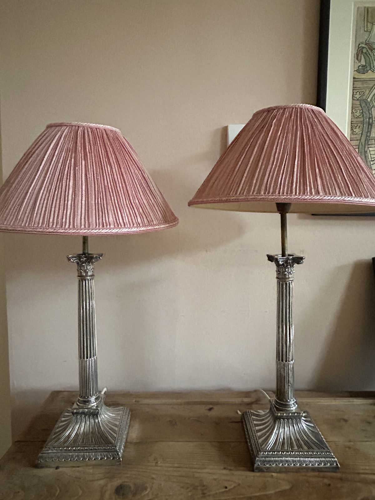 19th Century Silver Plated  Table Lamps With Dusty Pink Silk Shades