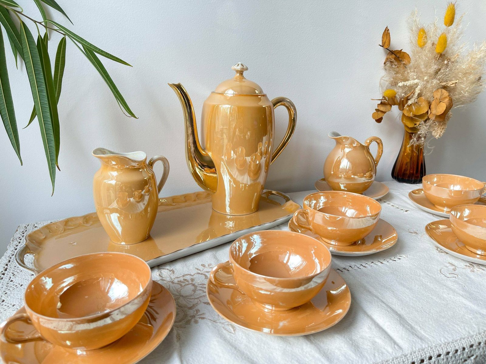 Vintage Luster Czecho Slovaquia Victoria China Iridescent Peach Tea Set 1950   Midcentury Lusterware Czecho Slovaquia   Cups photo furniture