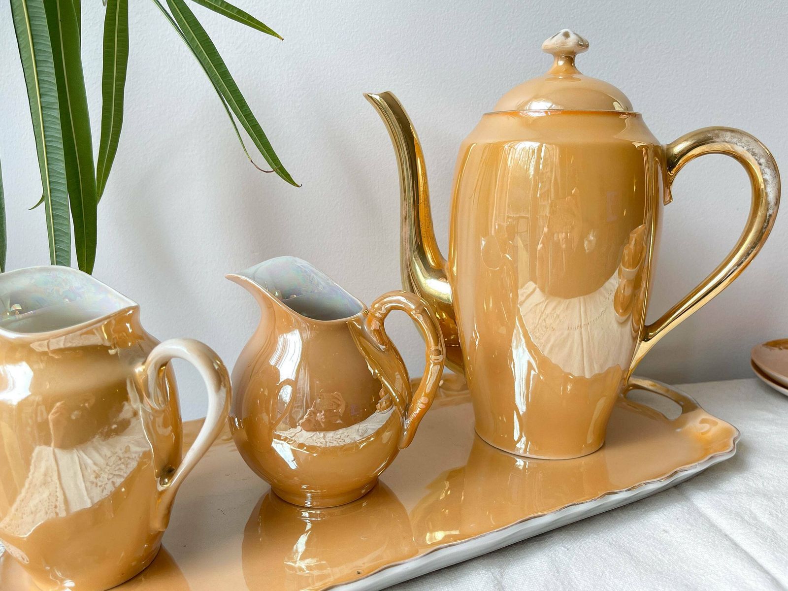 Vintage Luster Czecho Slovaquia Victoria China Iridescent Peach Tea Set 1950   Midcentury Lusterware Czecho Slovaquia   Cups photo buy