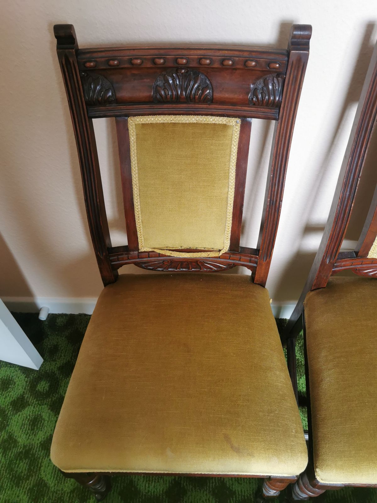 Set Of 4 Antique Oak And Velour Dining Chairs photo buy