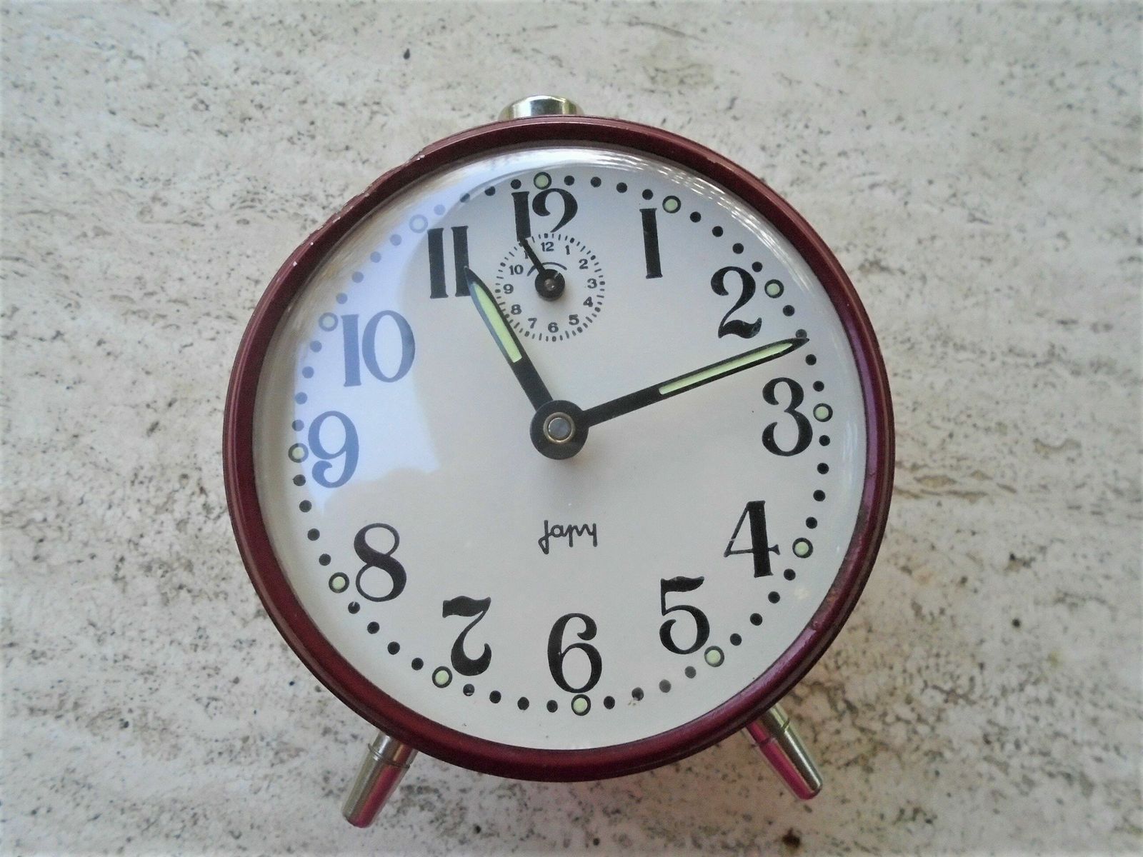 photo for sale Vintage French Japy Mechanical Alarm Clock, Burgundy Red, 60s 70s, In Full Working Order