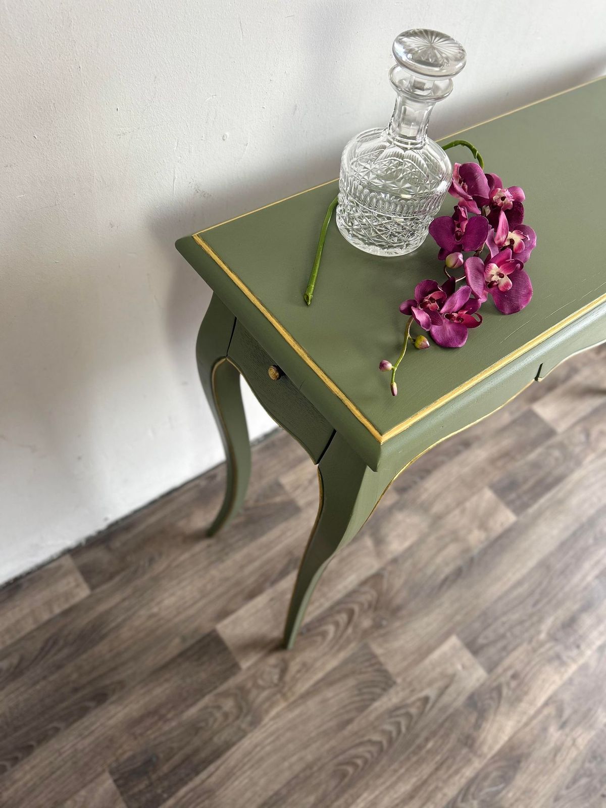 1970s Green & Gold Mid Century Vintage Solid Wood Dressing Table Hand Painted, Refurbished photo Furniture