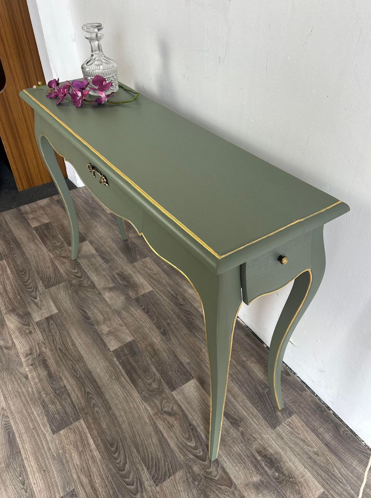 1970s Green & Gold Mid Century Vintage Solid Wood Dressing Table Hand Painted, Refurbished photo 350.0