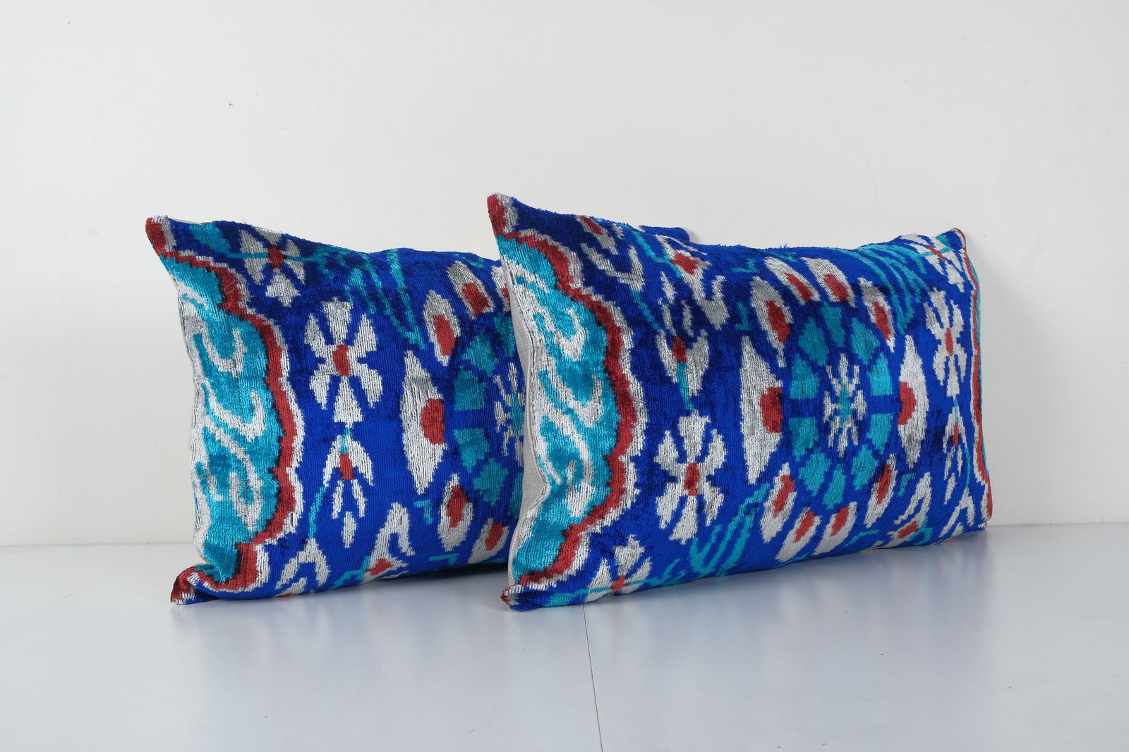 Handmade Ikat Blue Velvet Pillow   Set Silk Ikat Decorative Pillow Cover   Pair Soft Couch Cushion 16'' X 24'' photo Textiles