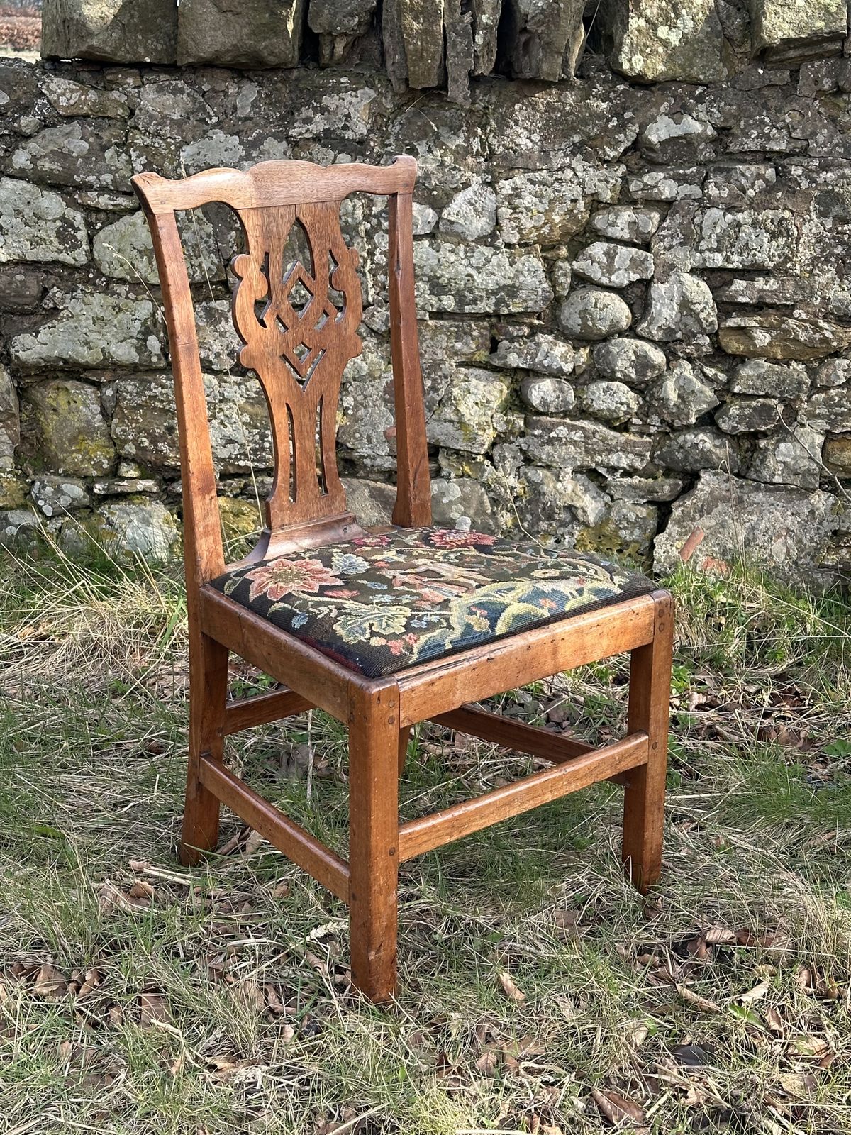 A Scottish George III Walnut Side Chair With Charming Needlepoint Seat, C.1780