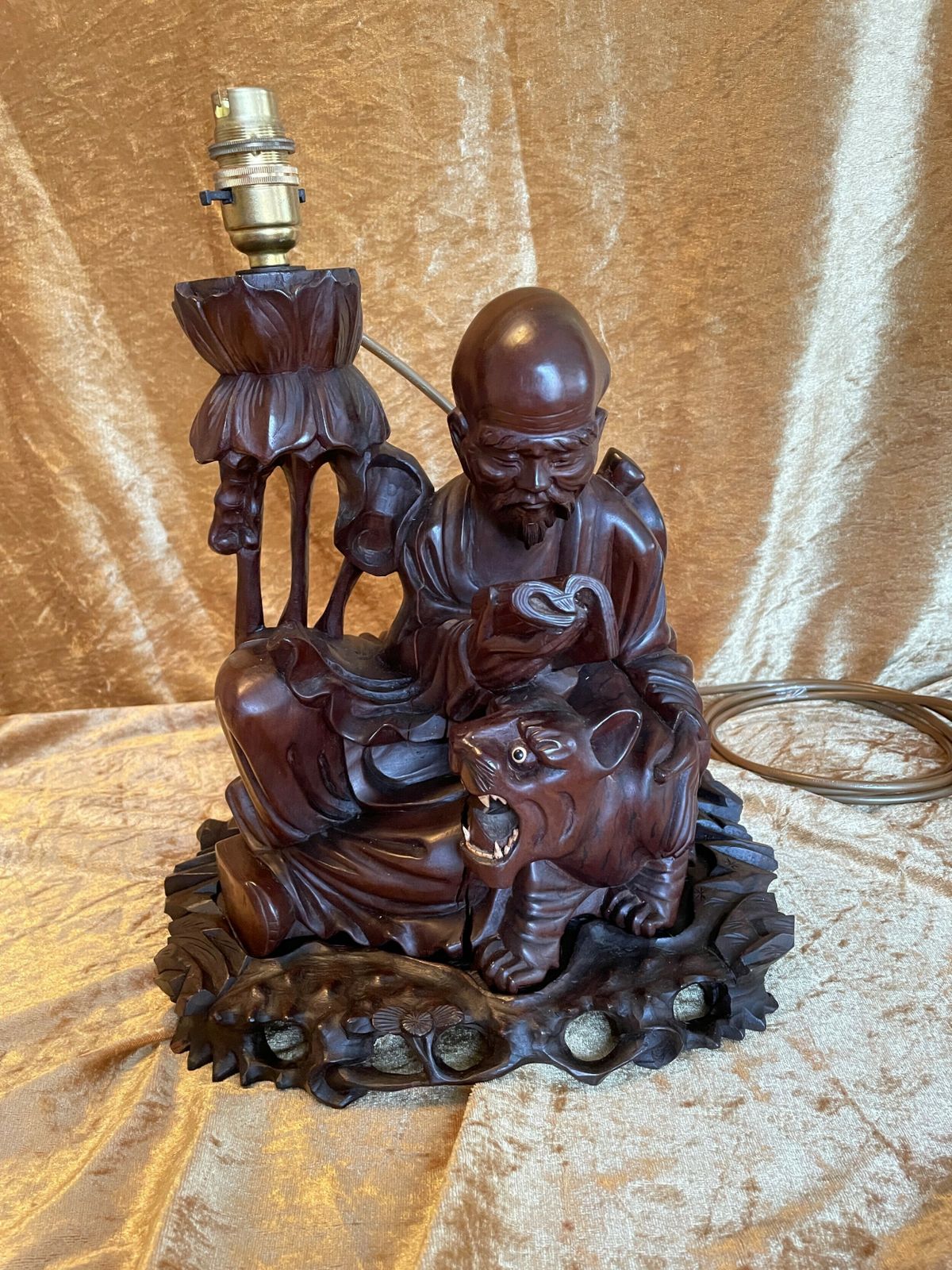Antique Late. C19th Chinese Carved Root Wood Lamp