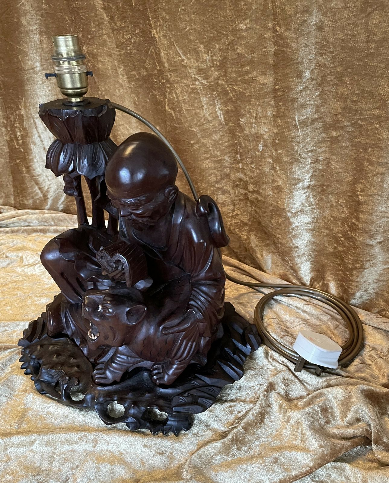 Antique Late. C19th Chinese Carved Root Wood Lamp photo vinterior