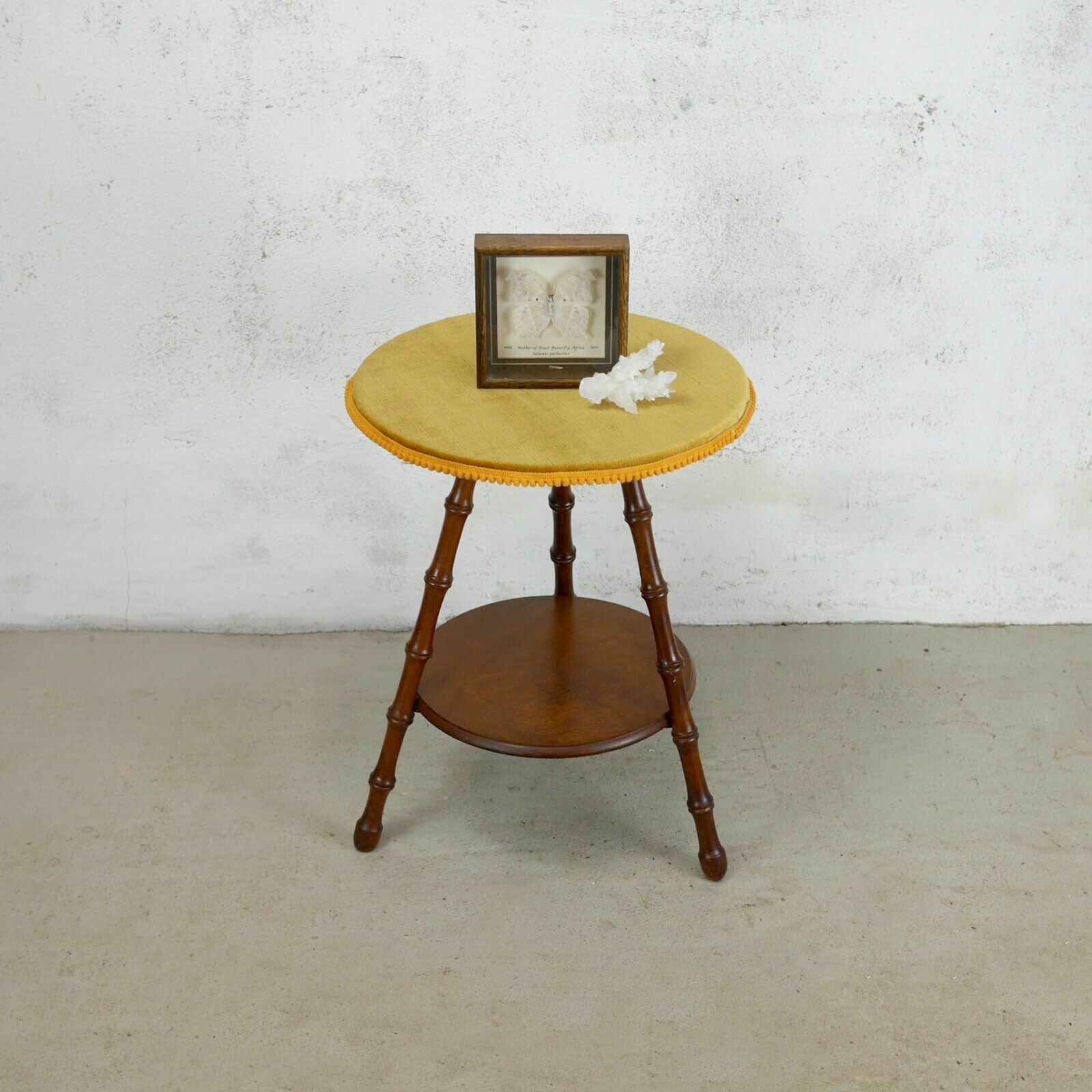 Antique Victorian Faux Bamboo Tripod Round Side Lamp Table Mustard Velvet photo for sale