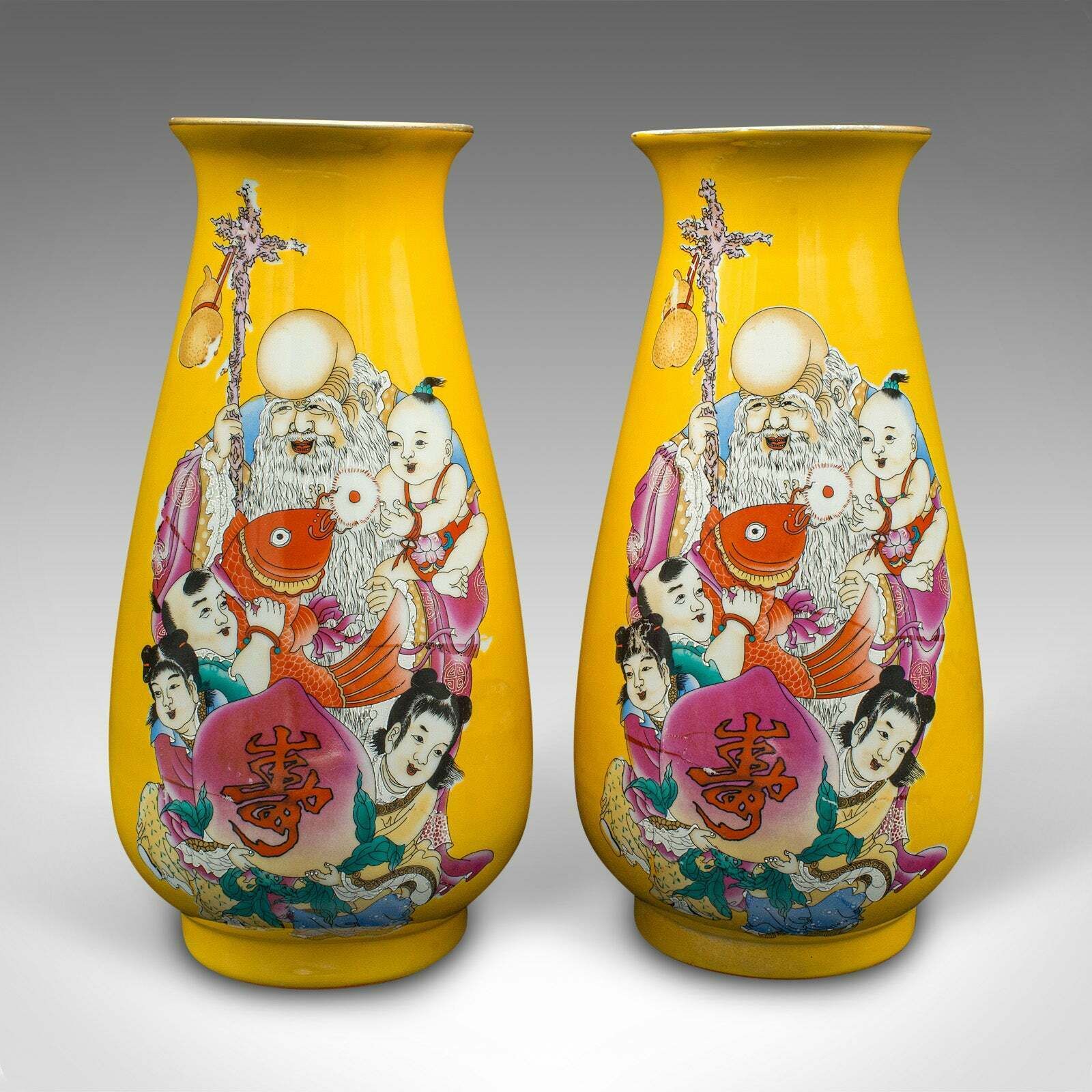 Pair Of Vintage Character Vases, Chinese, Ceramic, Baluster Urn, Art Deco, 1940 photo for sale