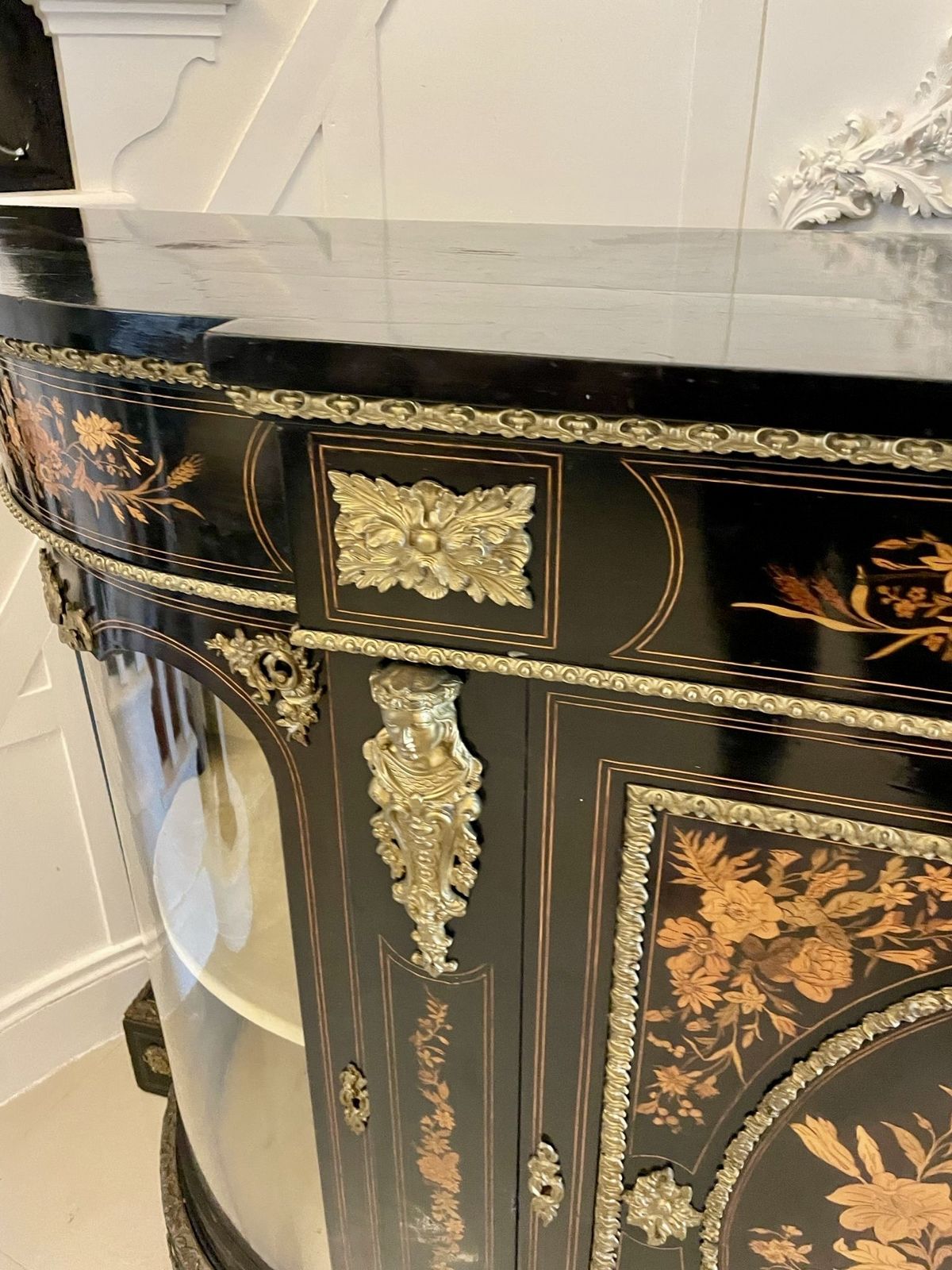 9645.0 Outstanding Quality Antique Ebonised And Inlaid Floral Marquetry Credenza photo