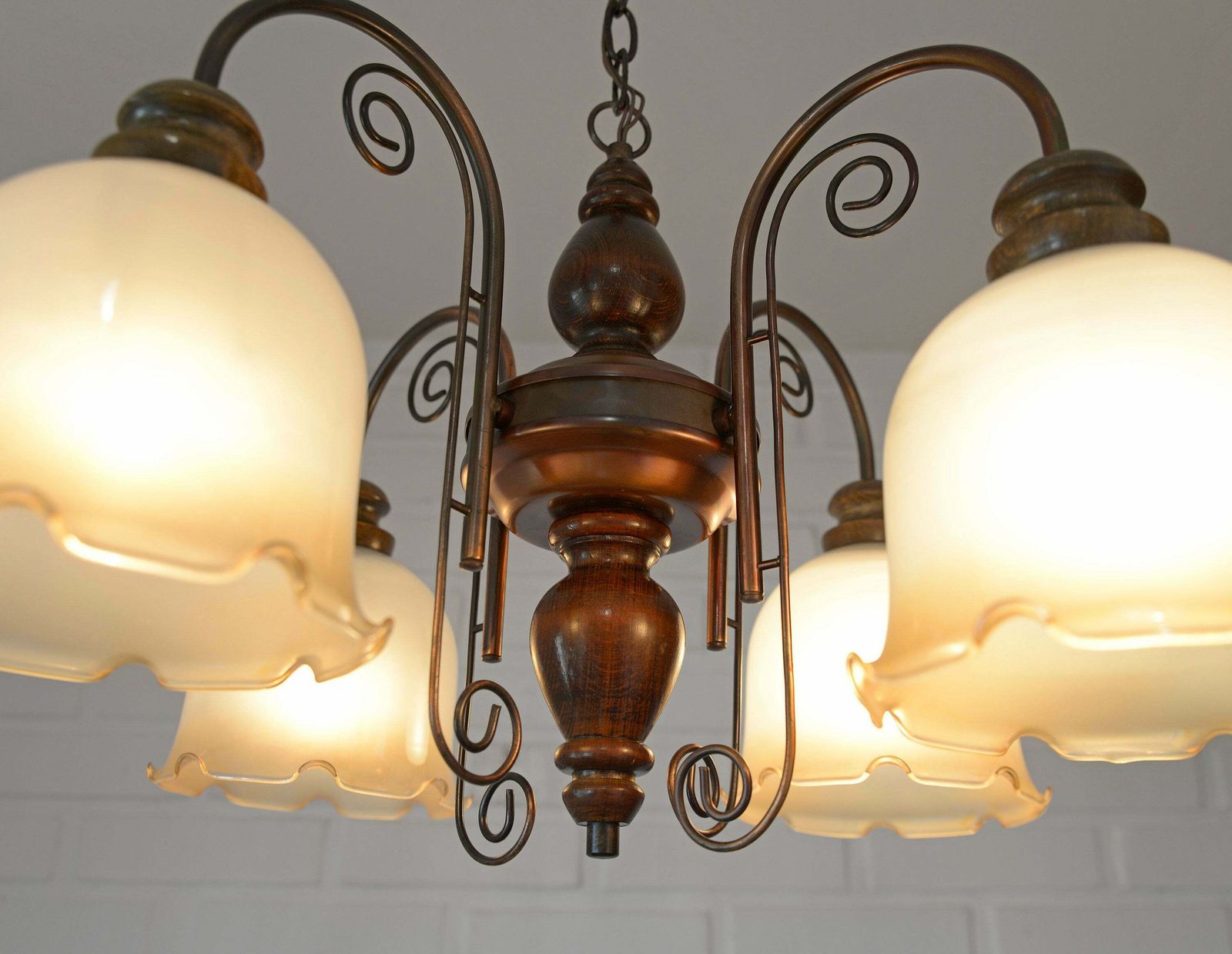 Vintage Pendant Light / Mid Century Rustic Lamp / Wood And Copper / Hanging Lamp / Colonial Chandelier / Yugoslavia 1970's photo vinterior