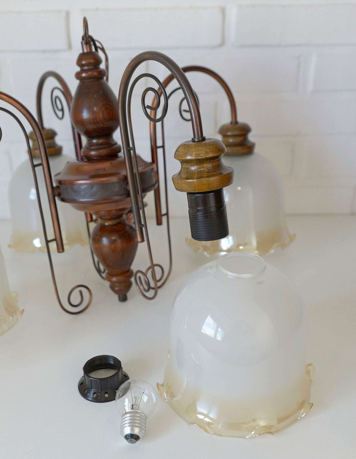 Vintage Pendant Light / Mid Century Rustic Lamp / Wood And Copper / Hanging Lamp / Colonial Chandelier / Yugoslavia 1970's photo vintage
