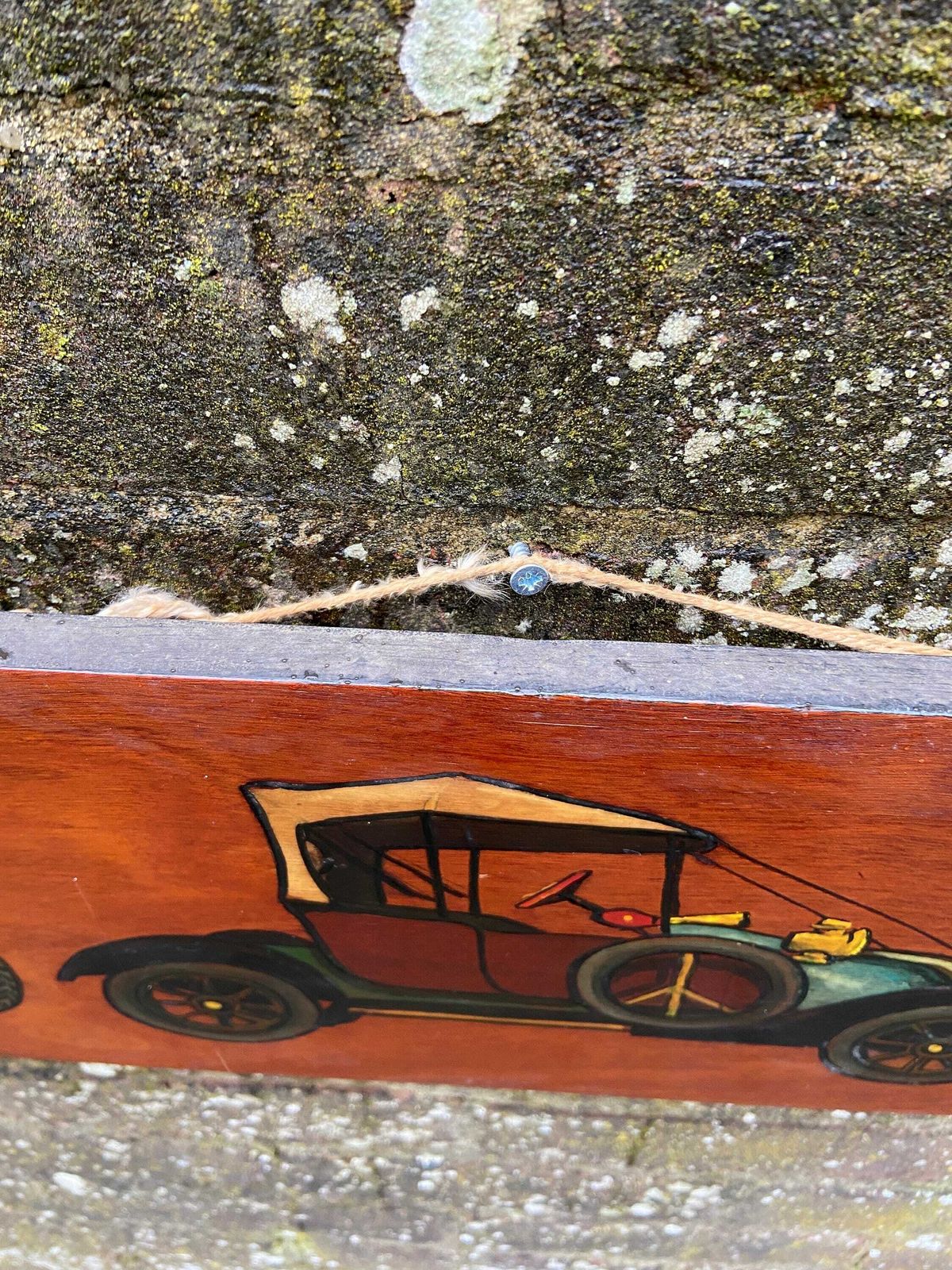 Vintage Cars On Blockwood Acrylic Painting   Mixed Media With Pyrography And Acrylic Paint, Circa 1970s   Long Horizontal Painting photo vinterior