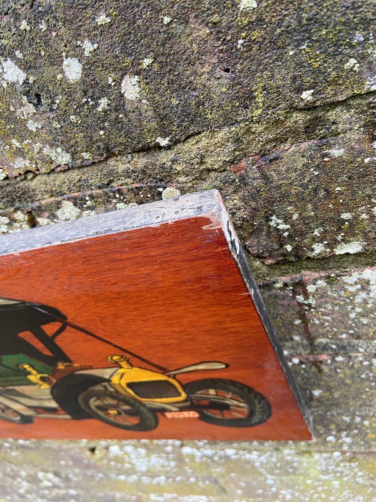 Vintage Cars On Blockwood Acrylic Painting   Mixed Media With Pyrography And Acrylic Paint, Circa 1970s   Long Horizontal Painting photo buy