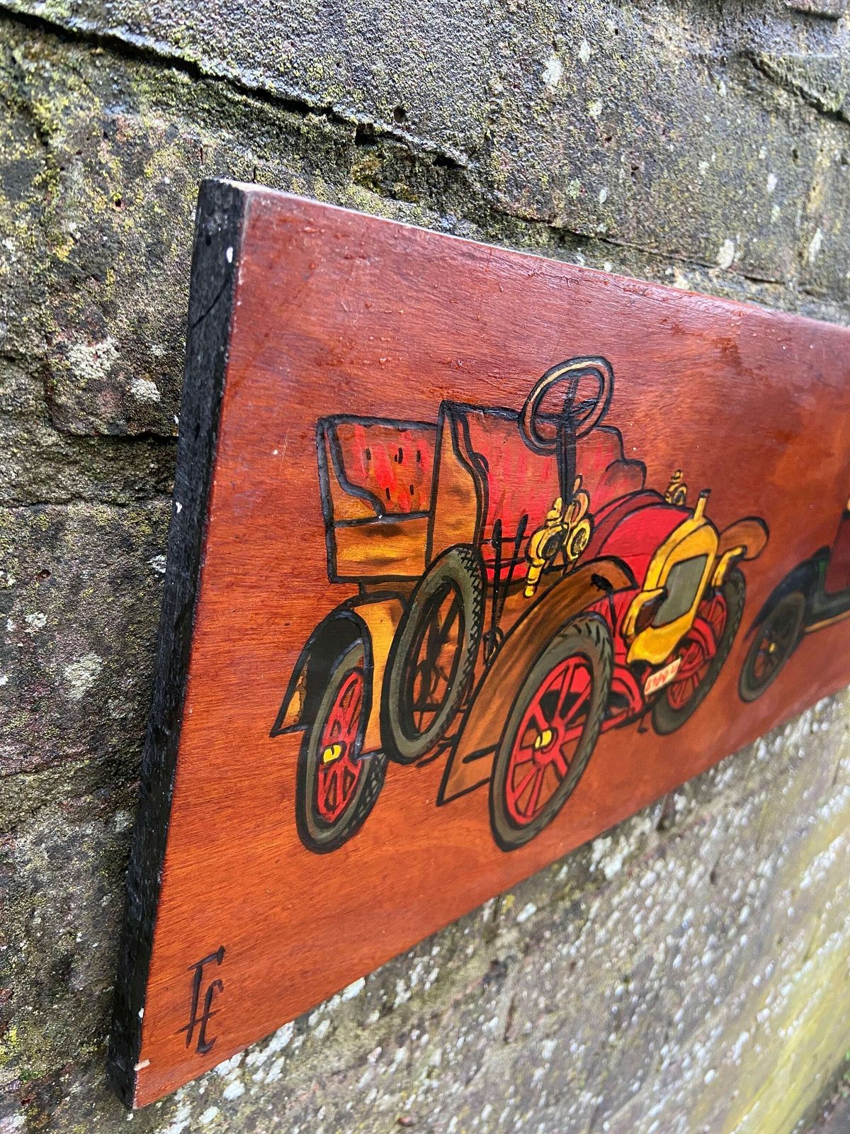 Vintage Cars On Blockwood Acrylic Painting   Mixed Media With Pyrography And Acrylic Paint, Circa 1970s   Long Horizontal Painting photo vintage