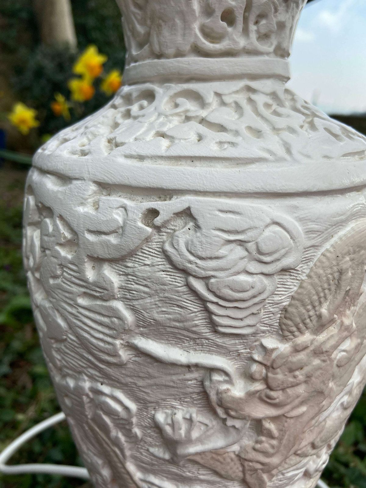 photo for sale Large Vintage Oriental Dragon Style Handcrafted And Handpainted Plastercast Lamp   Dragon Detail, Cream And Beige