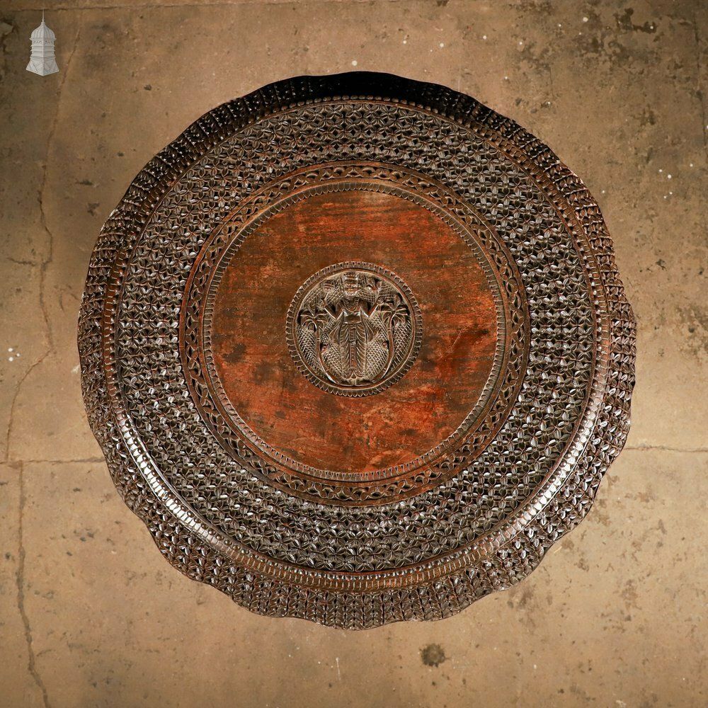 Carved Burmese Side Table, Serpent Base With Pierced Floral Circular Top photo 1890.0