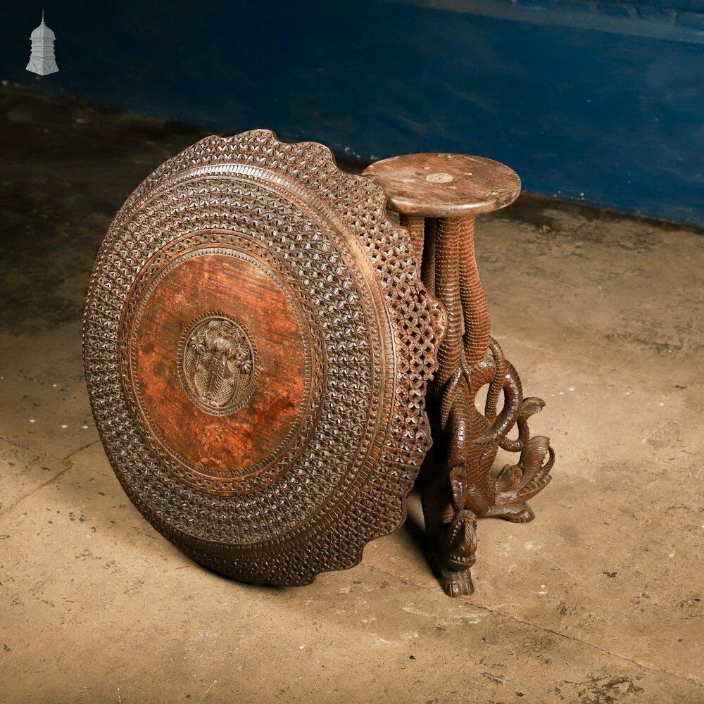 Furniture Carved Burmese Side Table, Serpent Base With Pierced Floral Circular Top photo