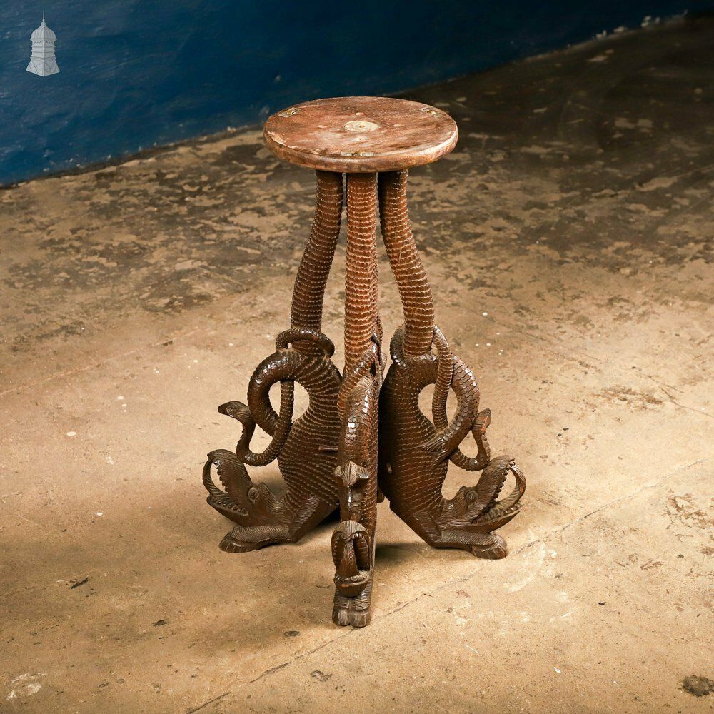 1890.0 Carved Burmese Side Table, Serpent Base With Pierced Floral Circular Top photo