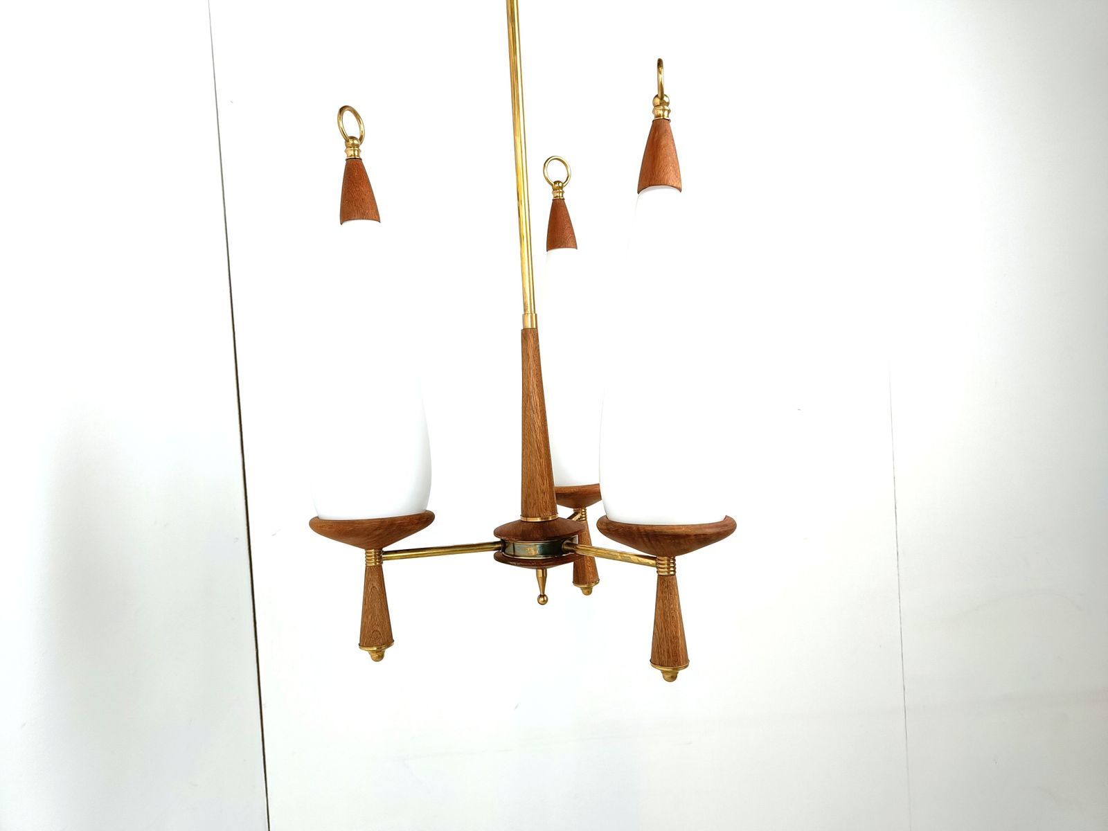 Vintage Teak Chandelier With White Glass Shades, 1960s photo 595.0