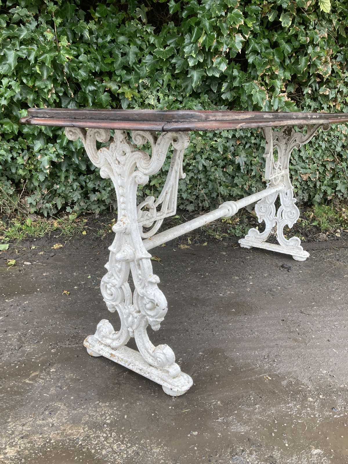 Victorian White Cast Iron Base, Mahogany Top Garden Table photo furniture