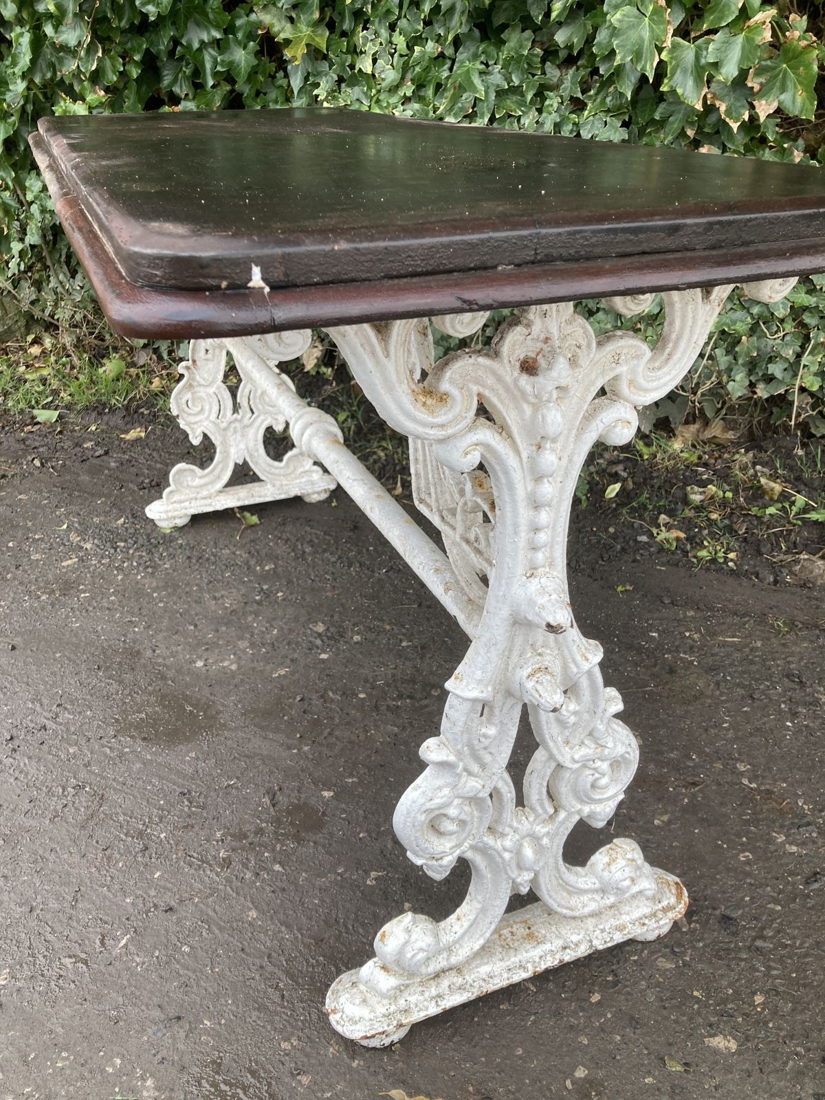 Victorian White Cast Iron Base, Mahogany Top Garden Table photo vinterior