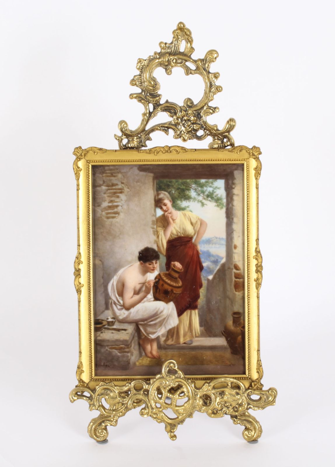 Antique Berlin Kpm Plaque   'Kunst Bringt Gunst On Stand  19th Century