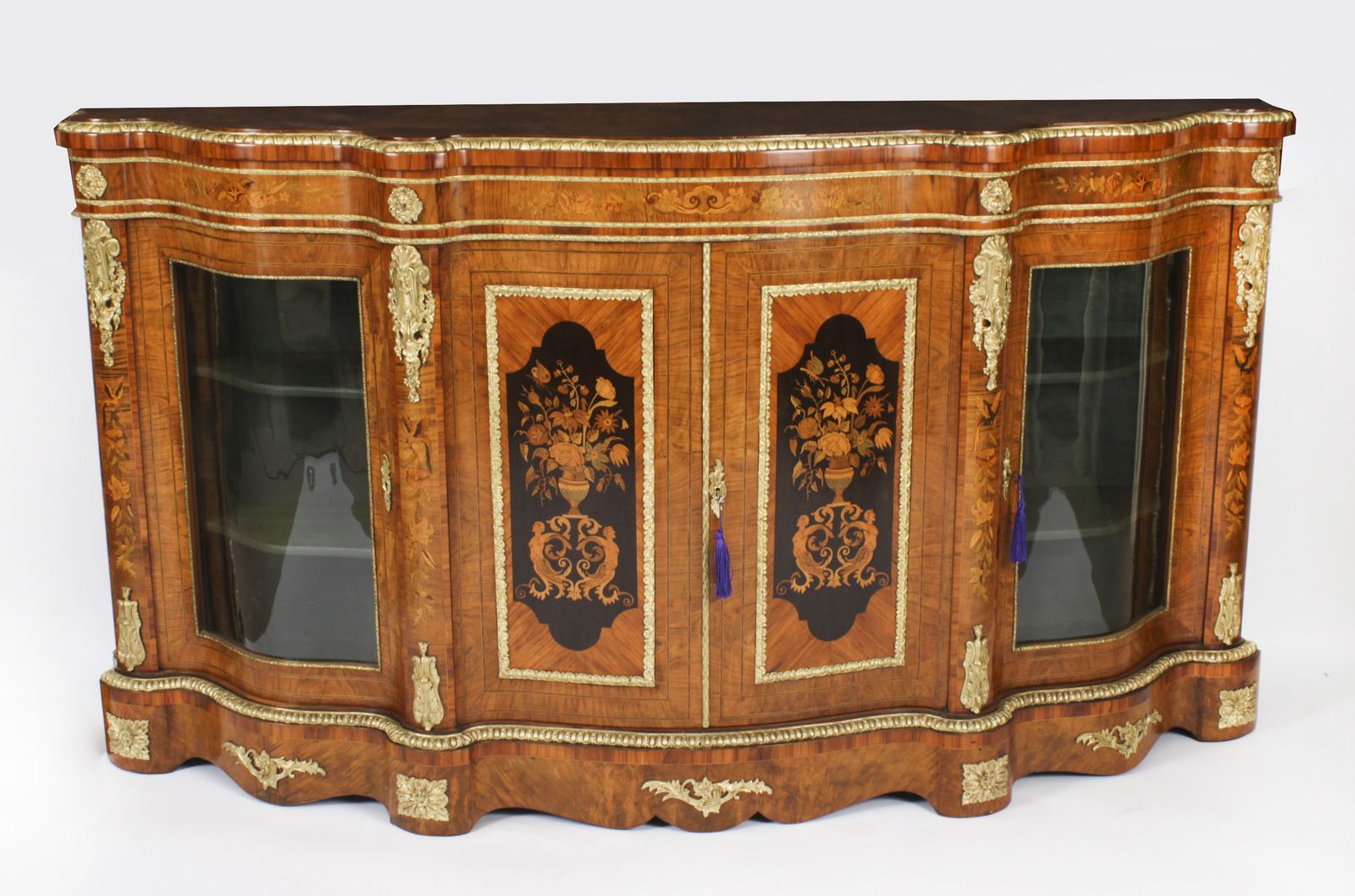 Antique Large Ormolu Mounted Walnut & Marquetry Serpentine Credenza 19th C