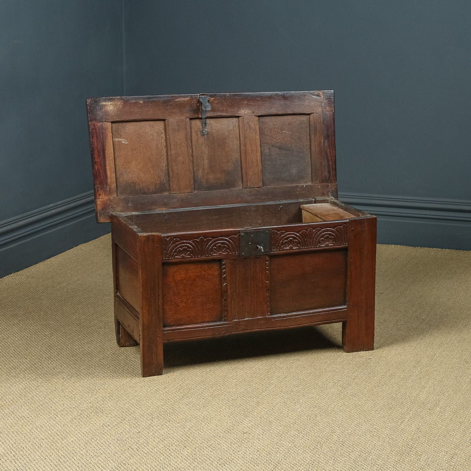 photo for sale English 18th Century Georgian Oak Joined & Panelled Coffer Chest Blanket Box (Circa 1720)