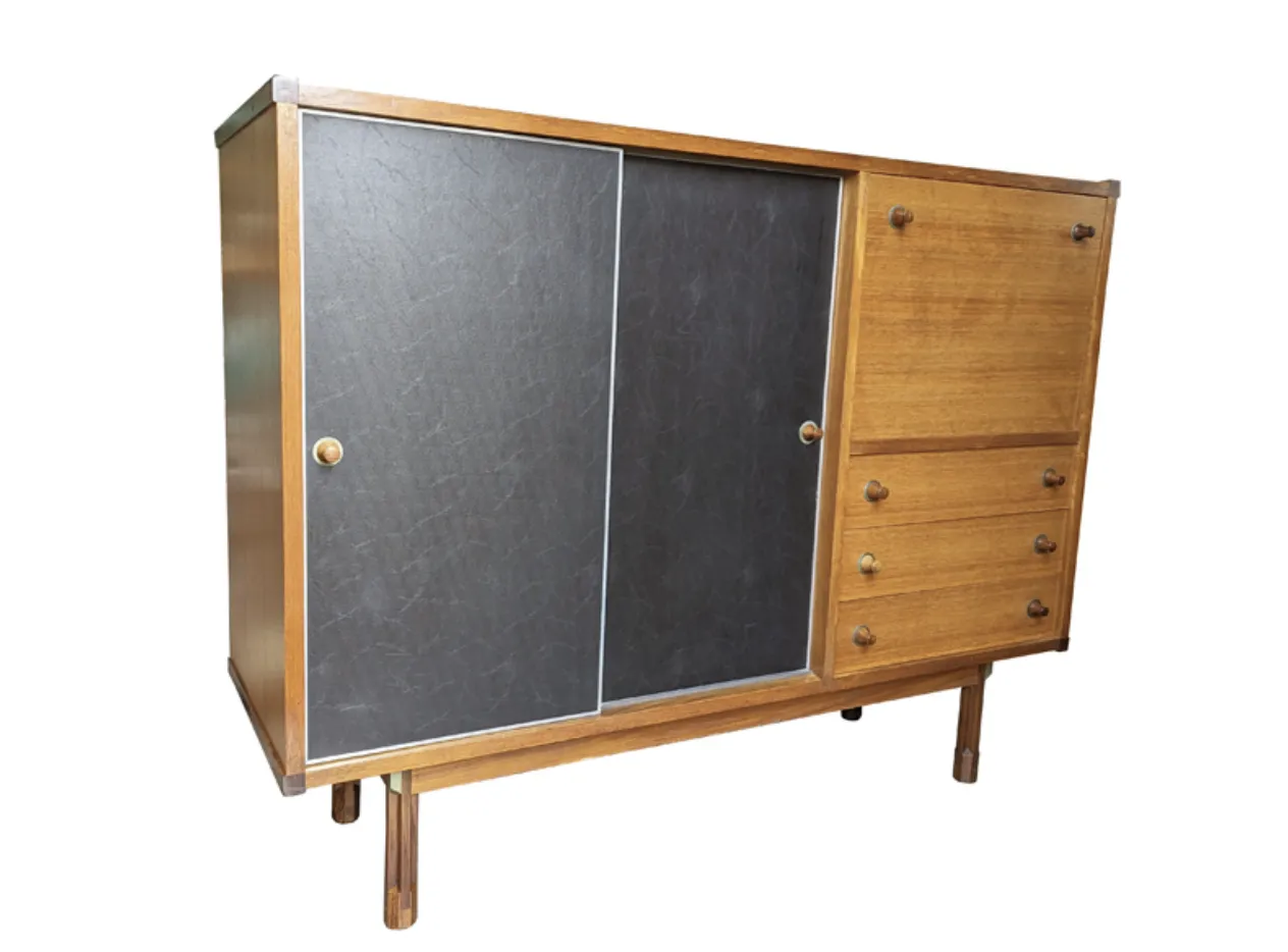 Italian Teakwood & Black Skai 1960s Sideboard By G. Coslin For 3v Arredamenti photo 1550.0