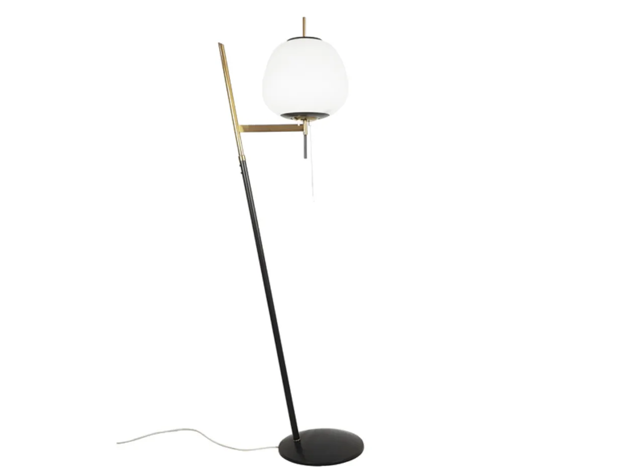 Black Metal, Brass & White Glass Floor Lamp Attrib. To Stilnovo, 1950s