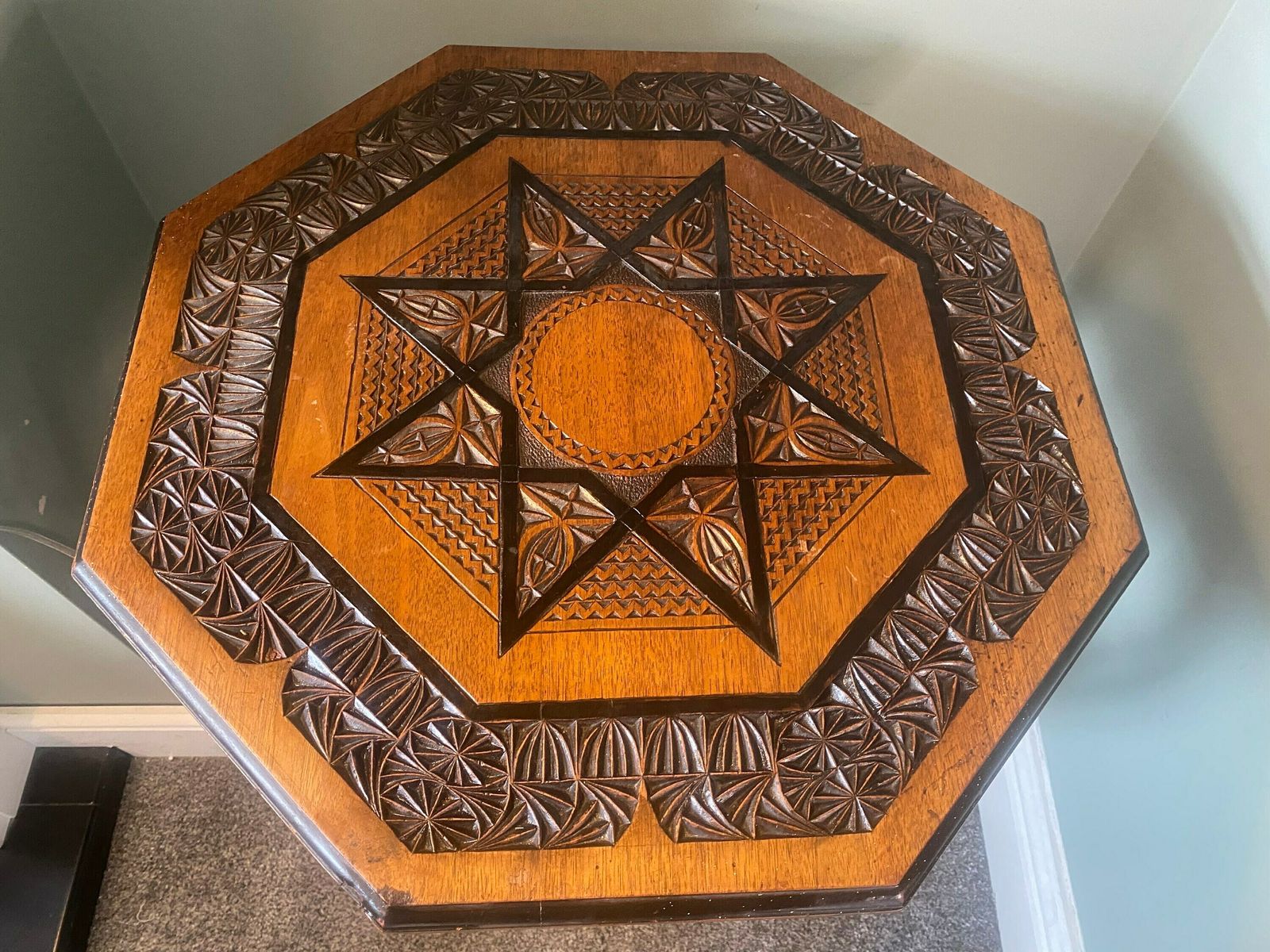 Antique Victorian Hexagonal Side Table With Carved Details Vintage Console Table photo vinterior