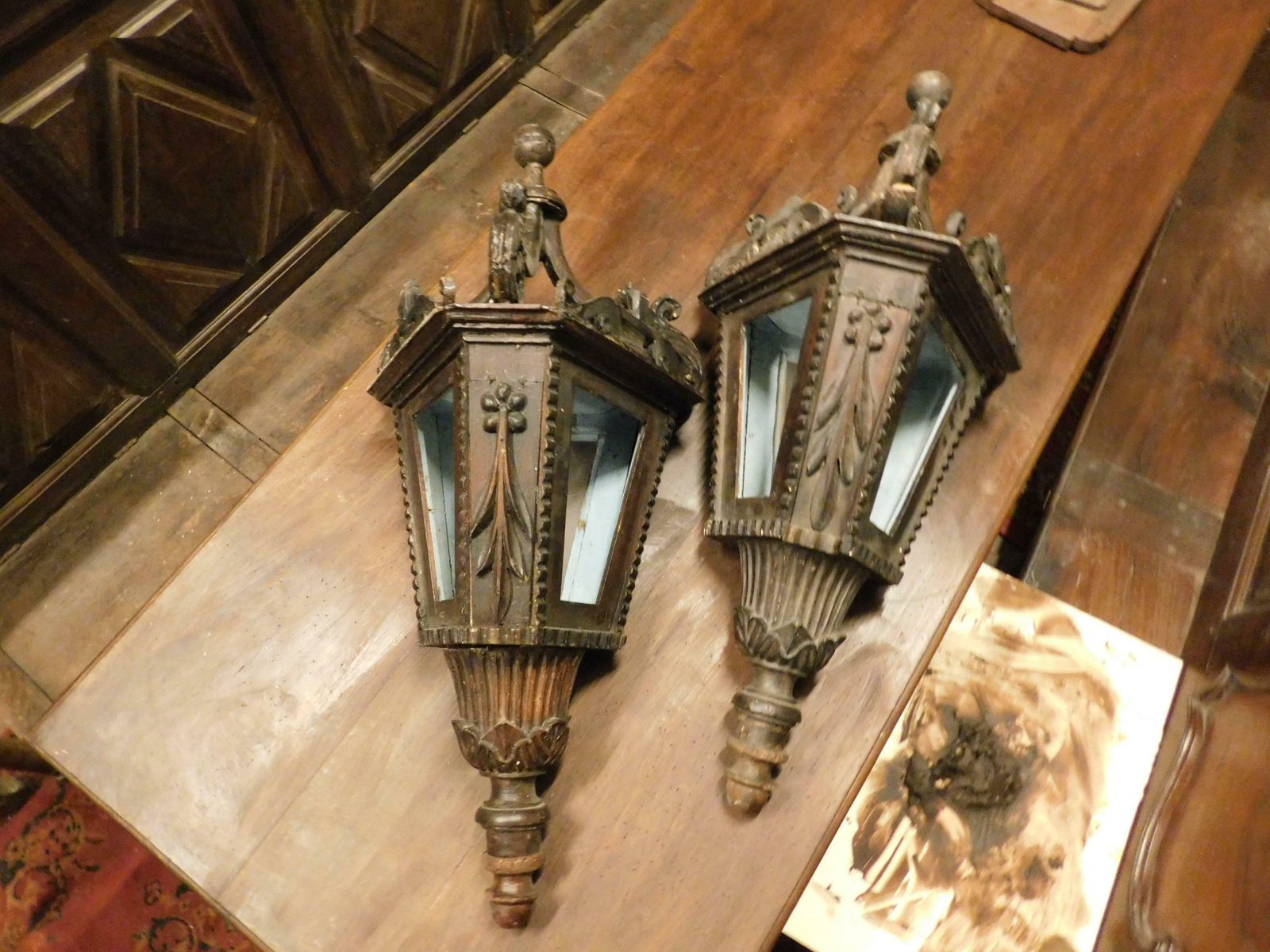 Pair Of Old Big Street Lamps, Procession Lamps In Lacquered Wood, Italy photo furniture