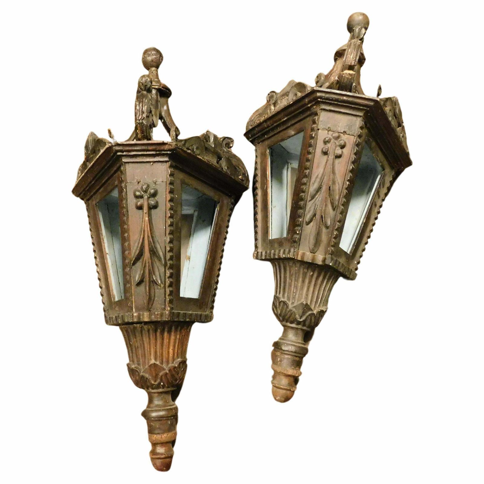 photo buy Pair Of Old Big Street Lamps, Procession Lamps In Lacquered Wood, Italy