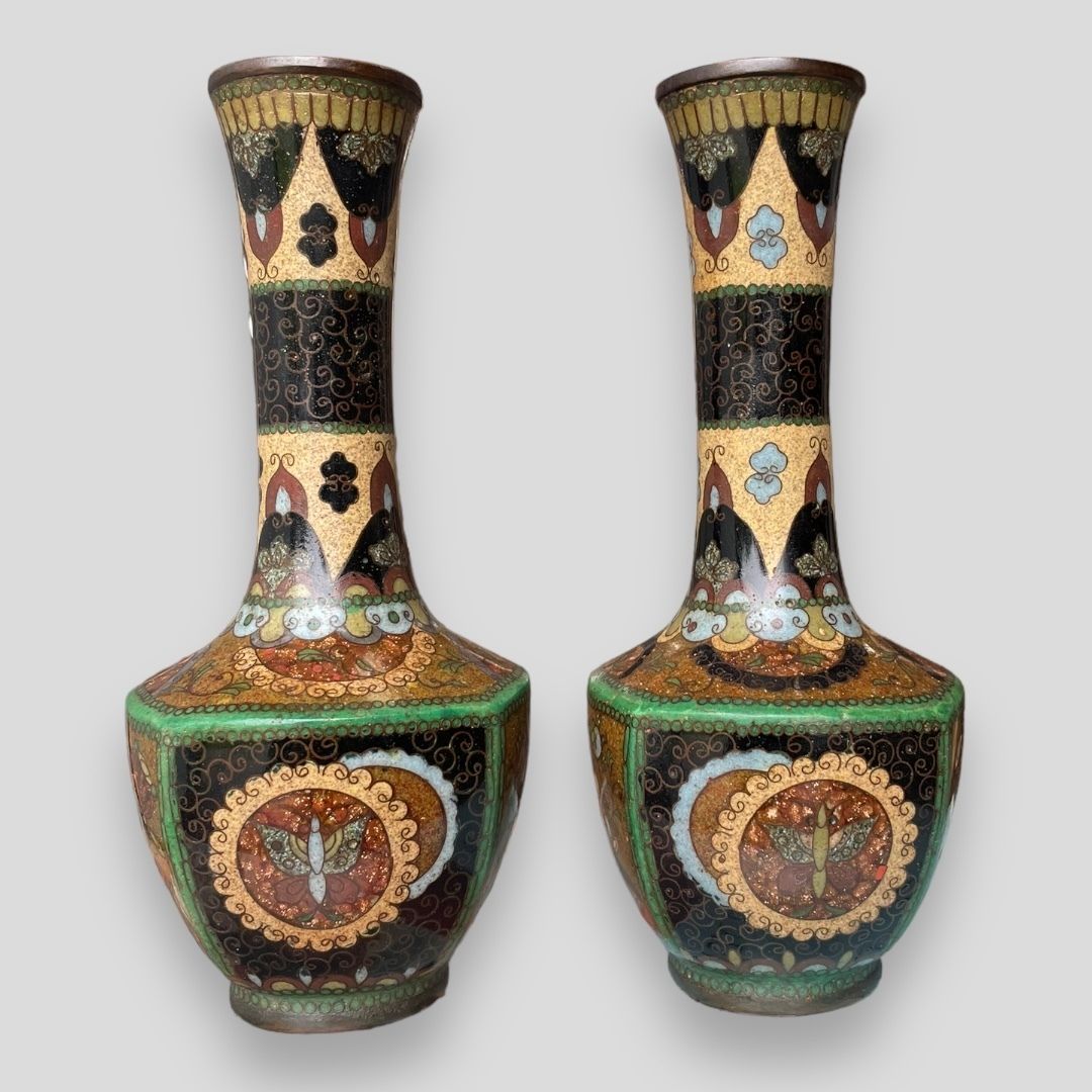 A Pair Of Japanese Cloisonné Mallet Shaped Vases