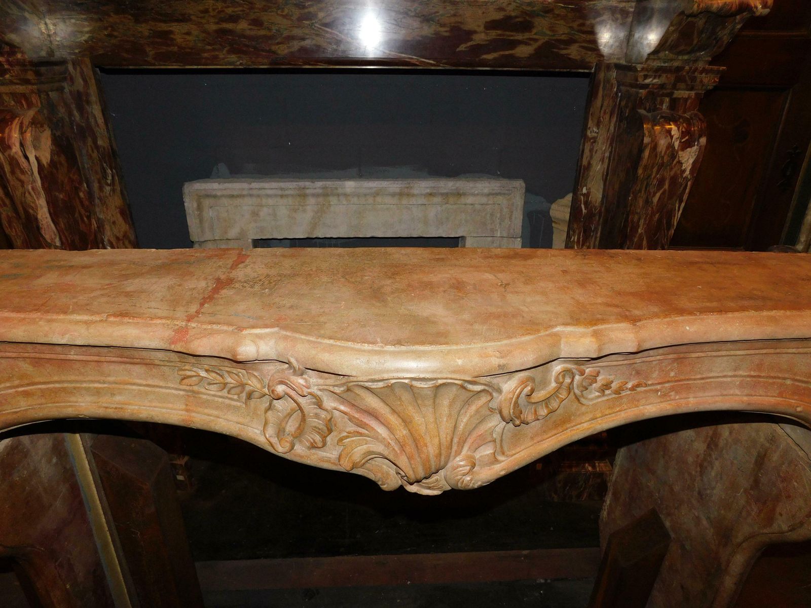 French Fireplace Mantle In "Rosso Verona" Marble, Carved With Shell photo buy