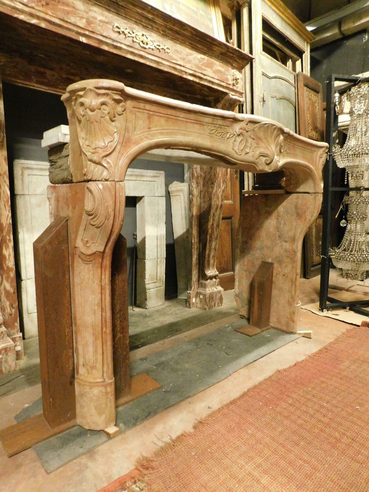French Fireplace Mantle In "Rosso Verona" Marble, Carved With Shell photo vintage