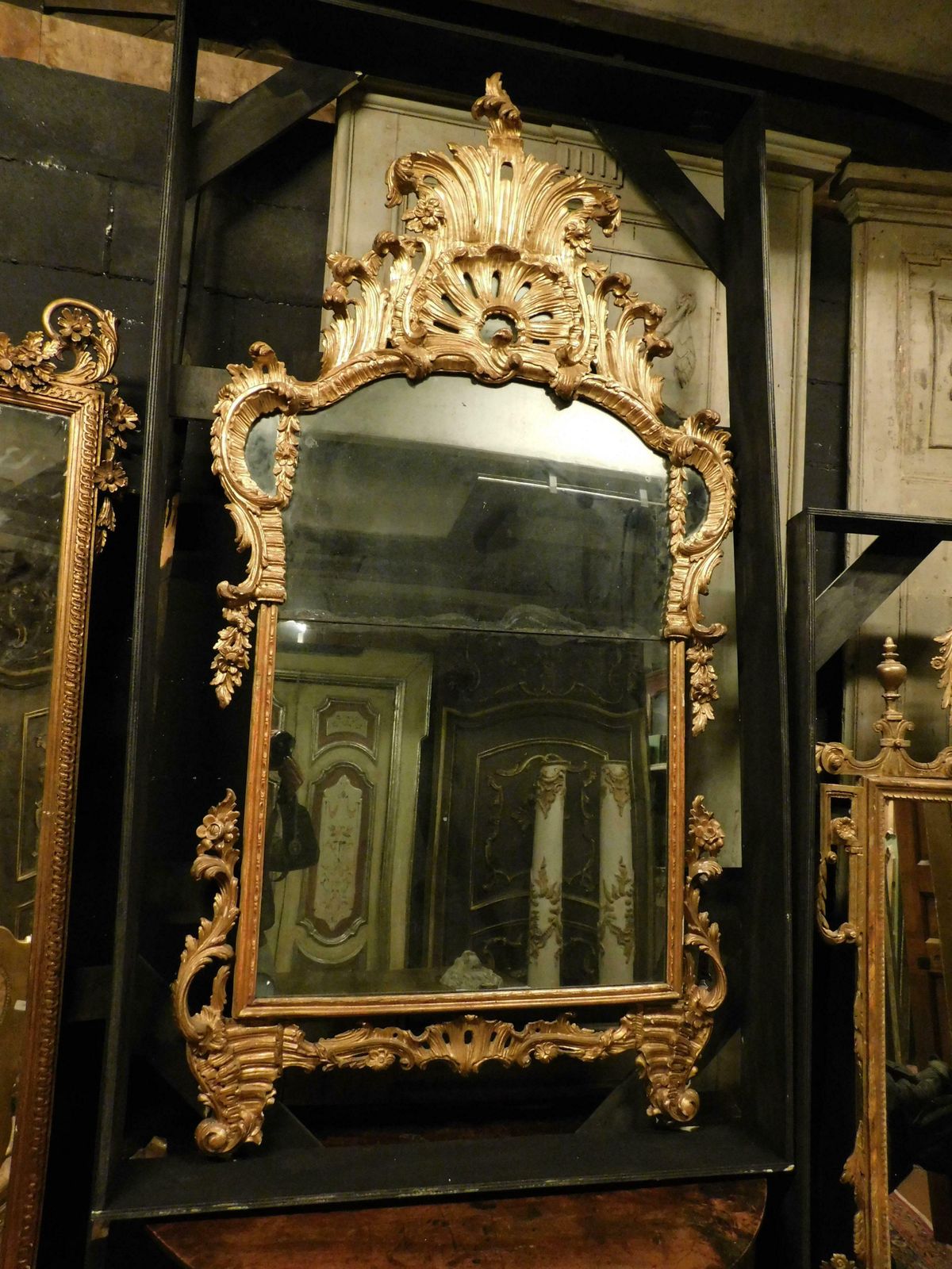 Ancient Gilded Wooden Mirror With Richly Carved Cymatium, Italy photo Home Decor