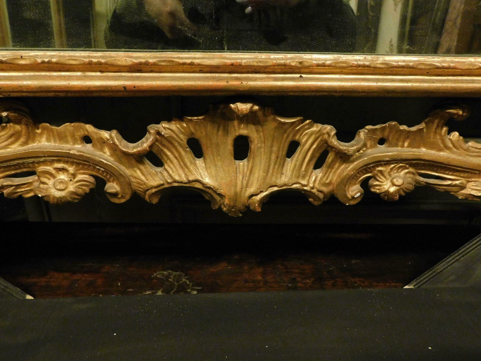Ancient Gilded Wooden Mirror With Richly Carved Cymatium, Italy photo vintage