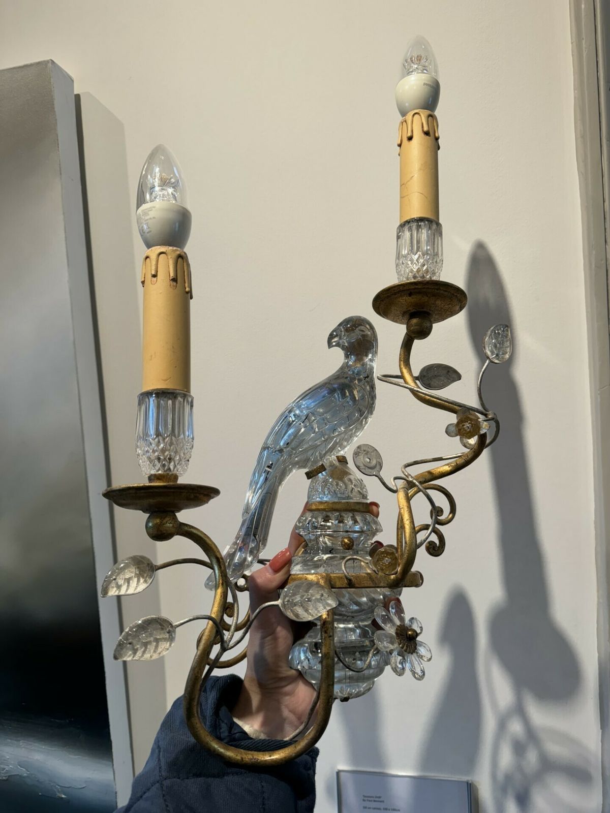 Maison Baguès Style Gilt Metal Sconce With Glass Parrots Pair photo furniture