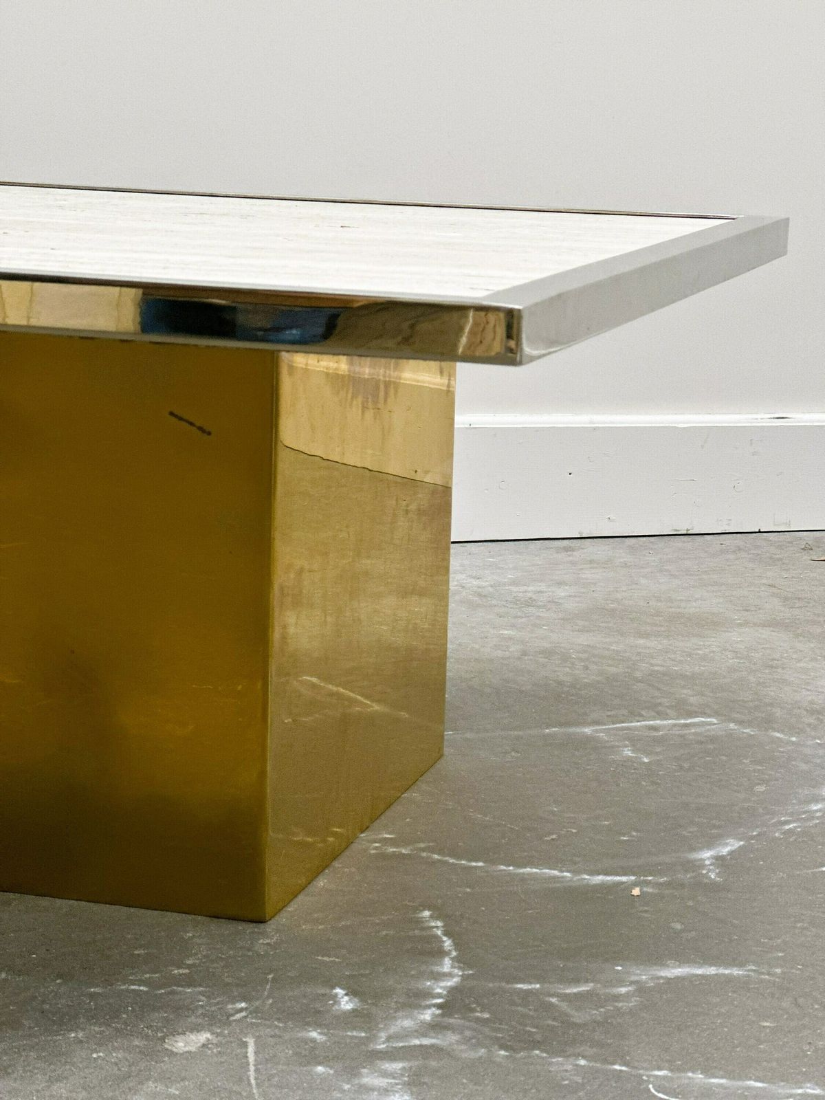 Brute Travertin Coffee Table With Brass Base And Chrome Edges, France 1970s. photo buy