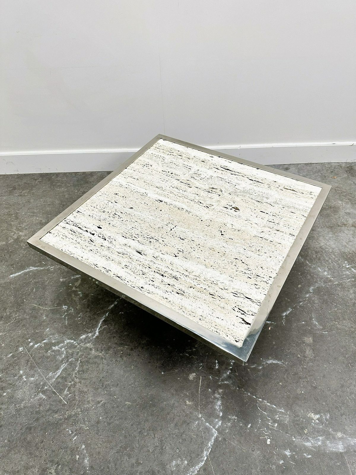 Brute Travertin Coffee Table With Brass Base And Chrome Edges, France 1970s. photo vintage