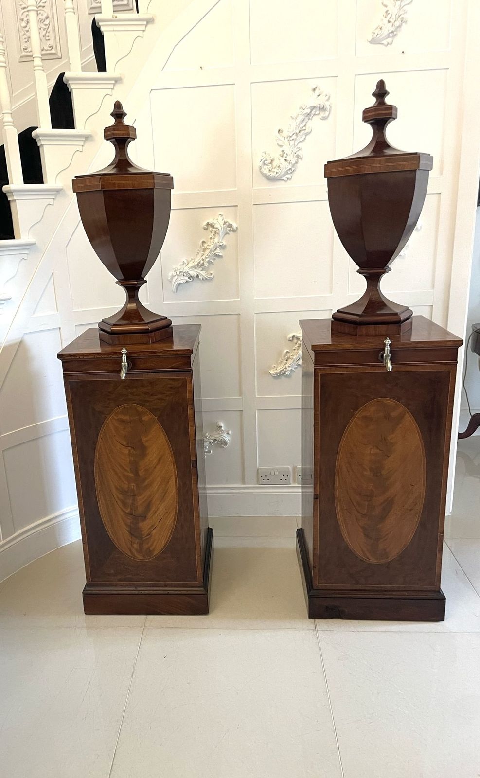 Rare Pair Of Antique Outstanding Quality Mahogany Inlaid Wine Urns On Original Pedestal Cupboards photo Furniture