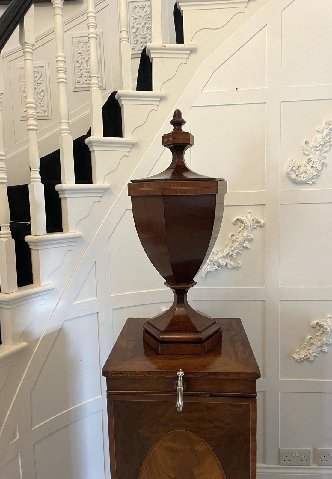 Rare Pair Of Antique Outstanding Quality Mahogany Inlaid Wine Urns On Original Pedestal Cupboards photo vinterior