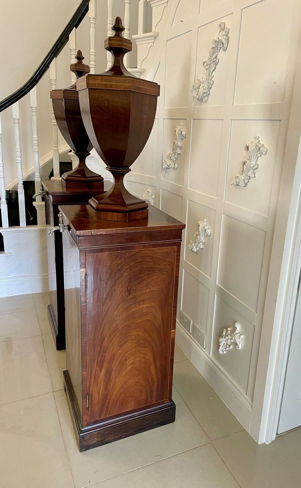 45500.0 Rare Pair Of Antique Outstanding Quality Mahogany Inlaid Wine Urns On Original Pedestal Cupboards photo