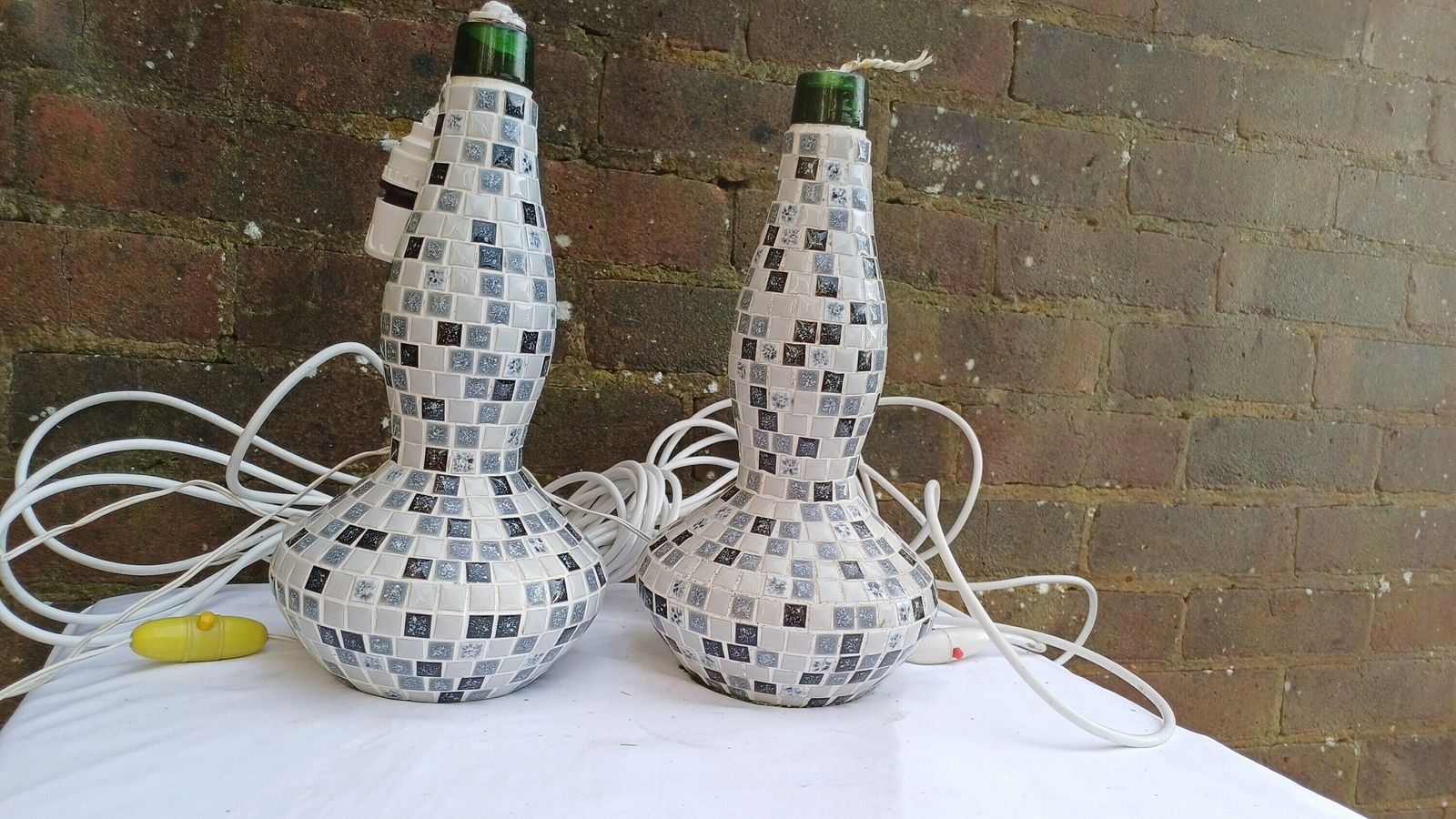 Superb Pair Of Mosaic On Glass Bottle Handmade Bedside Lamps. Great Condition. Lots Of Flex But Need Rewiring. Black White Grey.. photo Lighting
